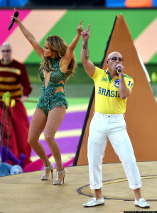 SAO PAULO, BRAZIL - JUNE 12:  Singer Jennifer Lopez and rapper Pitbull perform during the 2014 FIFA World Cup Brazil Opening Ceremony at Arena de Sao Paulo on June 12, 2014 in Sao Paulo, Brazil.  (Photo by Stuart Franklin - FIFA/FIFA via Getty Images)